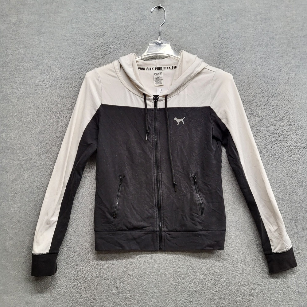 Pink Victorias Secret Women Sweatshirt Small Black Hoodie‎ Logo Pockets Full Zip